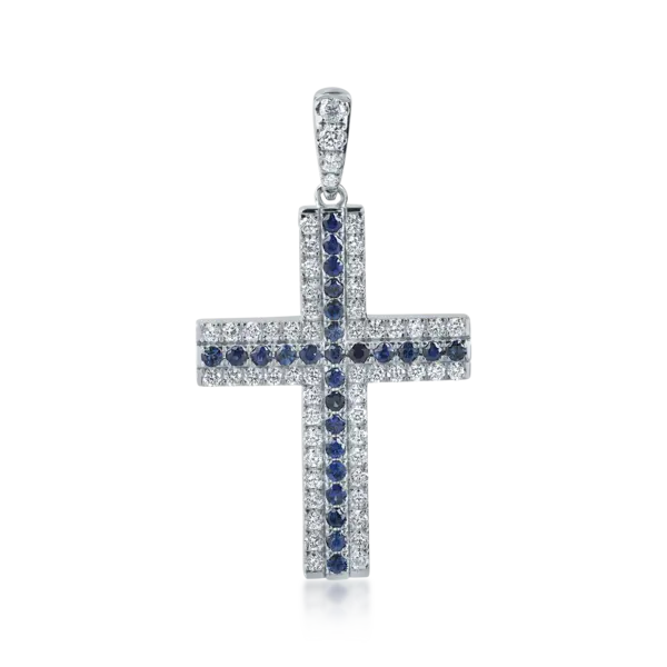 Pandantiv cruce din aur alb cu safire de 1.7ct si diamante de 0.9ct