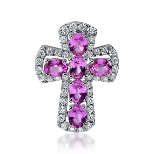 Pandantiv cruce din aur alb cu safire roz ovale de 1.45ct si diamante de 0.34ct
