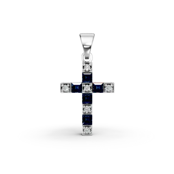 Pandantiv cruce din aur alb cu safire square de 0.29ct si diamante de 0.04ct
