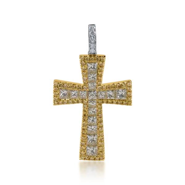 Pandantiv cruce din aur alb-galben cu diamante galbene princess si rotunde de 2.5ct si diamante incolore de 0.08ct