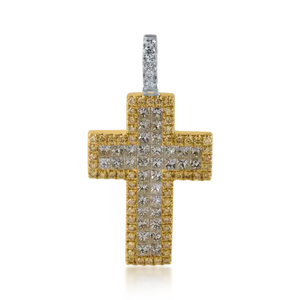 Pandantiv cruce din aur alb-galben cu diamante galbene princess si rotunde de 1.69ct si diamante incolore de 0.1ct