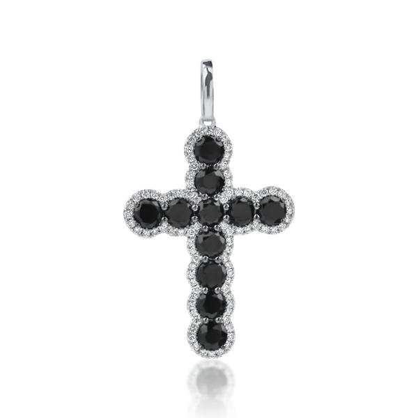 Pandantiv cruce din aur alb-negru cu diamante negre si incolore de 2ct