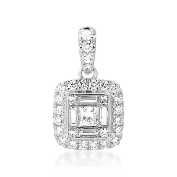Pandantiv din aur alb cu diamante princess, baguette si rotunde de 0.63ct
