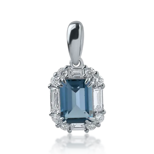 Pandantiv din aur alb cu topaz london blue de 1.17ct si diamante baguette si rotunde de 0.32ct