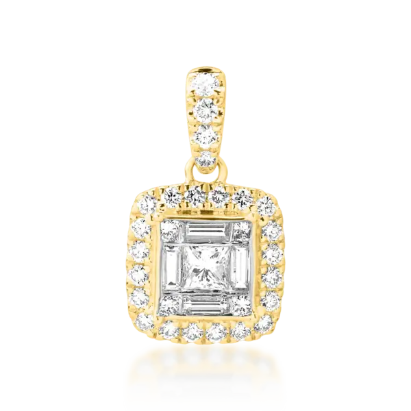 Pandantiv din aur galben cu diamante princess, baguette si rotunde de 0.62ct