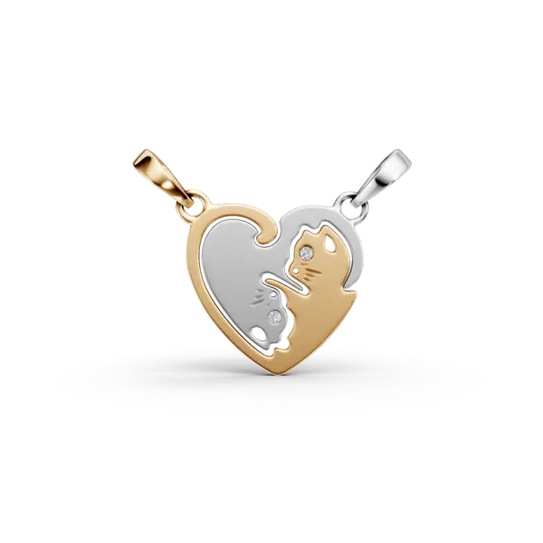 Pandantiv dublu pisici din aur alb-galben cu diamante de 0.004ct pentru copii