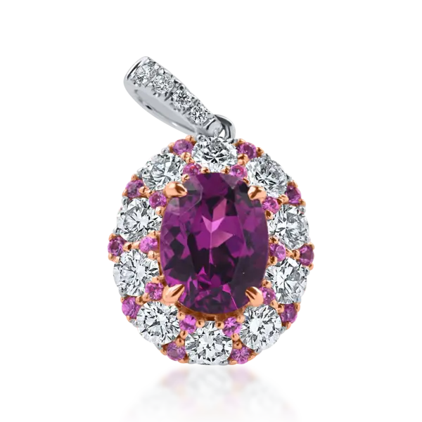 Pandantiv geometric din aur alb cu granat oval, safire roz si diamante de 2.5ct