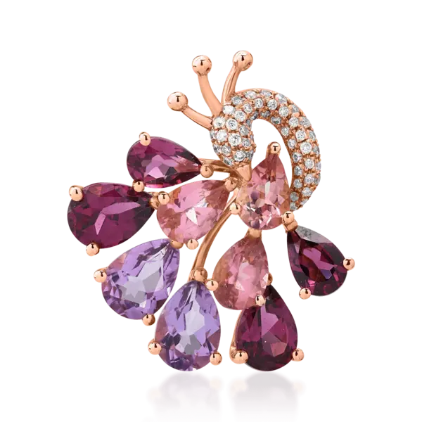 Pandantiv paun din aur roz cu pietre pretioase si semipretioase de 5.67ct