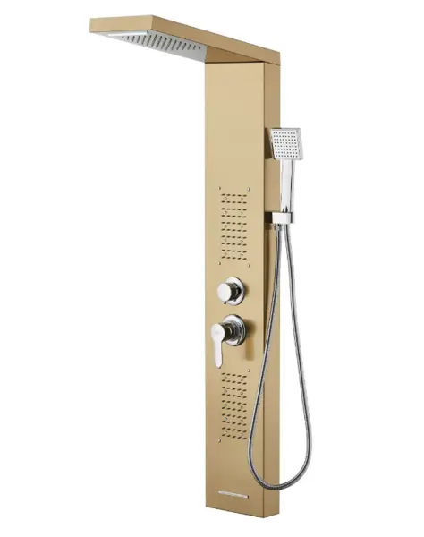 Panel dus iluminare Led 5 functii Cascada Ploaie tropicala dus de mana otel inoxidabil Auriu lucios Aurora