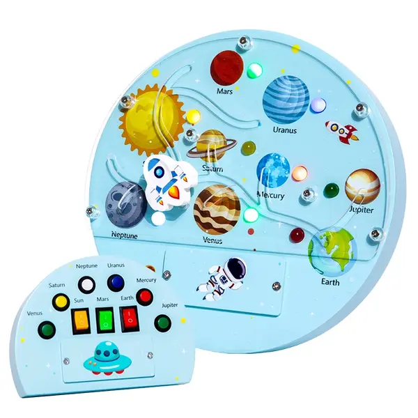 Panou activitati Montessori cu comutator LED - tema spatiu