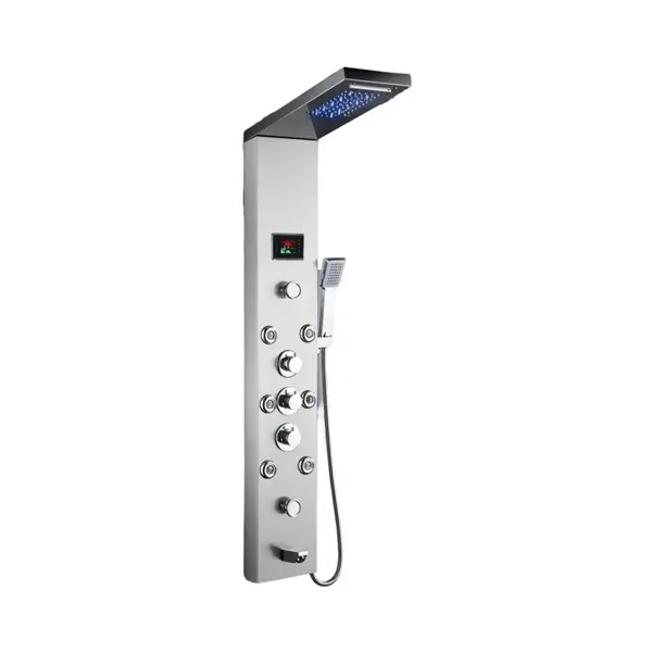 Panou dus modern din otel inoxidabil 304 cu functie cascada si jeturi multiple, montaj pe perete, culori negru, auriu si argintiu