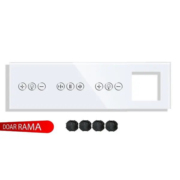 Panou întrerupător dimmer+perdele/jaluzele+dimmer+rama priză din sticlă M1