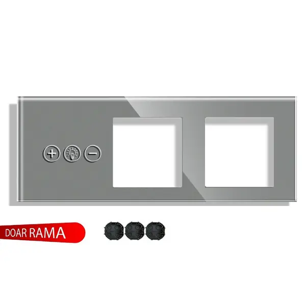 Panou întrerupător dimmer (Variator tensiune) M1+ramă dublă priză din sticlă