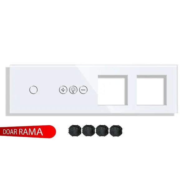 Panou întrerupător simplu+dimmer M1+Ramă dublă priză din sticlă