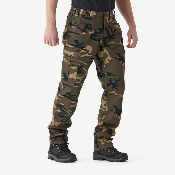 Pantalon cargo rezistent Stepă 500 bumbac 100% Camuflaj verde