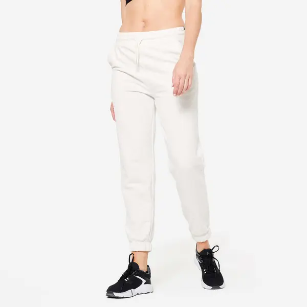 Pantalon de trening din bumbac Regular 500 Fitness Alb Damă