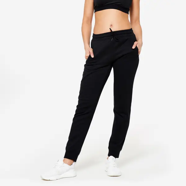 Pantalon jogging de fitness slim molton, negru, damă