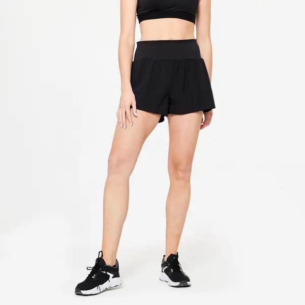 Pantalon scurt 2 în 1 fitness damă, negru