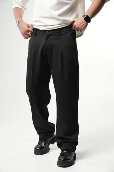 PANTALONI BARBATI WIDE LEG BLACK ELEGANT STREETWEAR (MĂRIME: M)