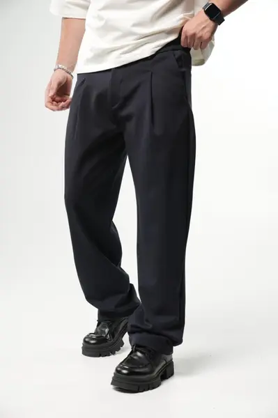 PANTALONI BARBATI WIDE LEG NAVY-BLUE ELEGANT STREETWEAR (MĂRIME: M)