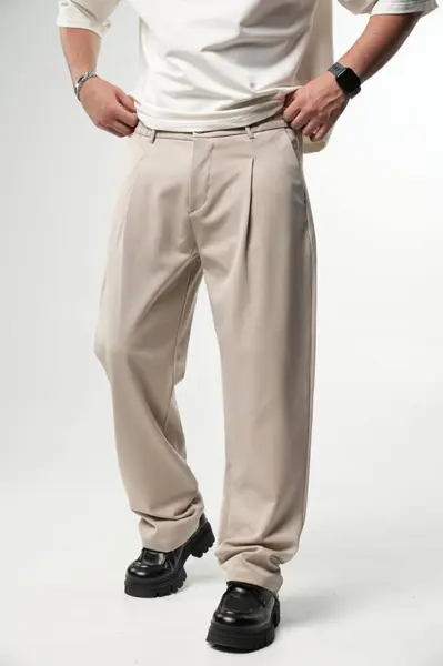 PANTALONI BARBATI WIDE LEG STONE-BEIGE ELEGANT STREETWEAR (MĂRIME: L)