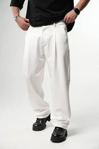 PANTALONI BARBATI WIDE LEG WHITE ELEGANT STREETWEAR (MĂRIME: XL)