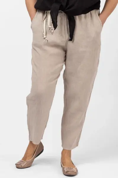 Pantaloni bej din in, pana, cu snur alb