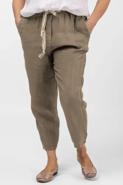 Pantaloni bej inchis din in, pana, cu snur alb