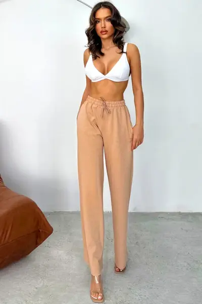 Pantaloni casual HIKE Glow, cu aplicatii tip strasuri si snur in talie, Bej