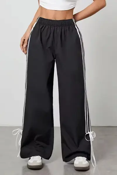 Pantaloni casual, Palazzo RIVA, cu dungi și funde decorative, Negru