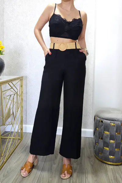 Pantaloni casual SAFYA, material vaporos si curea inclusa, Negru, Marime S/M
