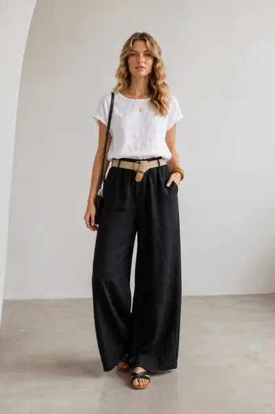 Pantaloni dama lejeri din in, cu talie elastica si curea, negri