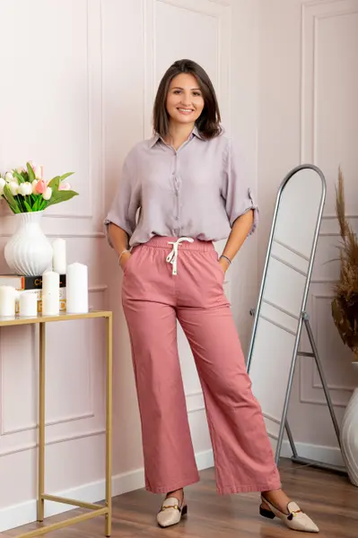Pantaloni dama roz din bumbac cu croi drept Cara