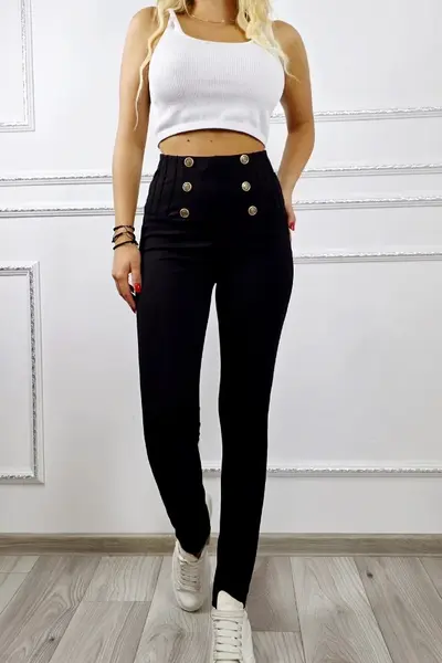 Pantaloni de dama ZORY, cu butoni si croi slim fit, Negru