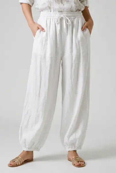 Pantaloni de vara, din in, croi balon, cu elastic la glezna, siret in talie, albi