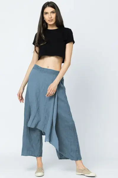 Pantaloni de vara din in, cu aplicatii pe fata si spate, albastru jeans