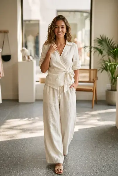 Pantaloni de vara din in, cu croi palazzo si talie elastica, ivoire
