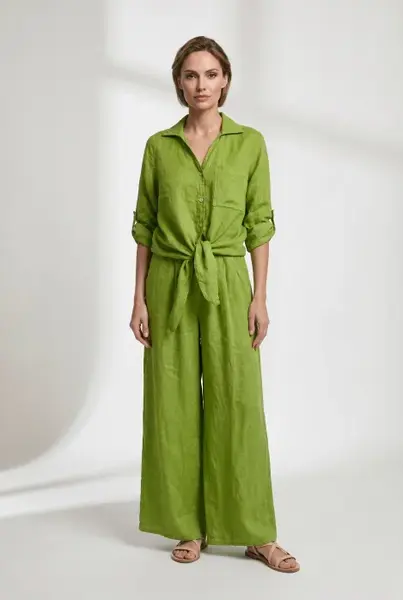 Pantaloni de vara din in cu croiala ampla si pliuri in talie, verde olive