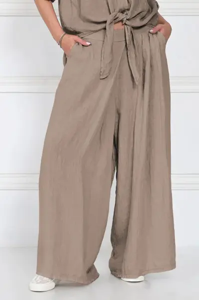 Pantaloni de vara din in cu croiala ampla si pliuri in talie, bej inchis