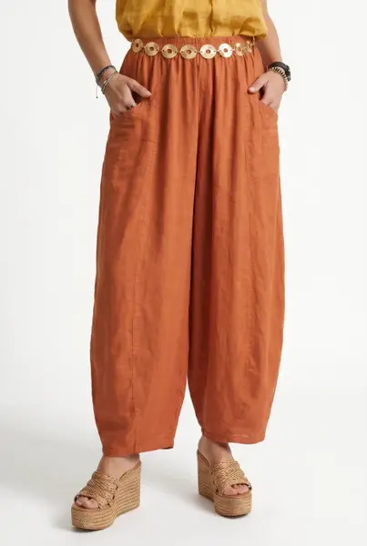 Pantaloni de vara din in si vascoza cu croi balon oversized, caramizii