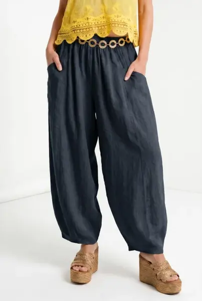 Pantaloni de vara din in si vascoza cu croi balon oversized, bleumarin
