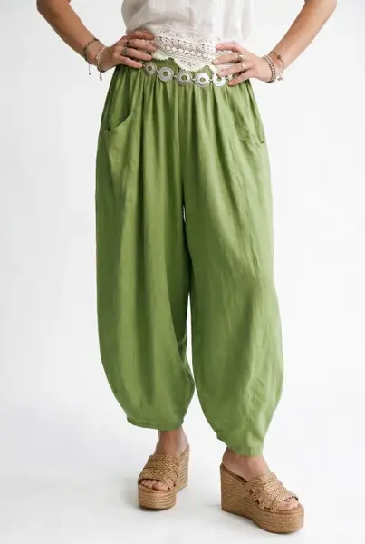 Pantaloni de vara din in si vascoza cu croi balon oversized, vede olive