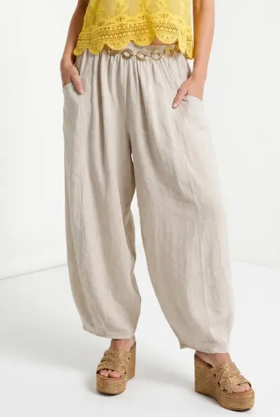 Pantaloni de vara din in si vascoza cu croi balon oversized, bej