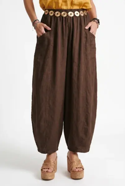 Pantaloni de vara din in si vascoza cu croi balon oversized, maro