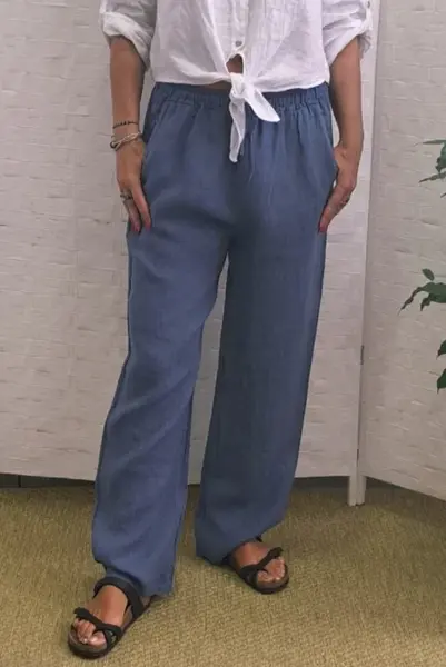 Pantaloni de vara, drepti, din in, cu siret in talie, albastru jeans