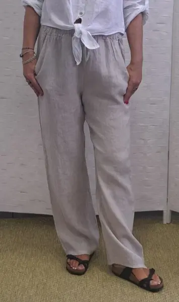 Pantaloni de vara, drepti, din in, cu siret in talie, bej