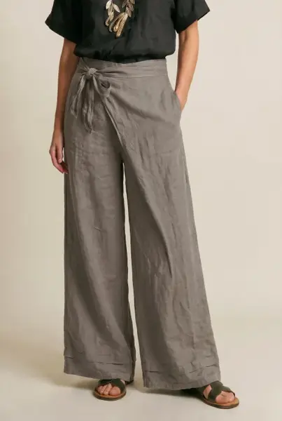 Pantaloni din in petrecuti, croi amplu, talie ajustabila, stil natural elegant, bej inchis