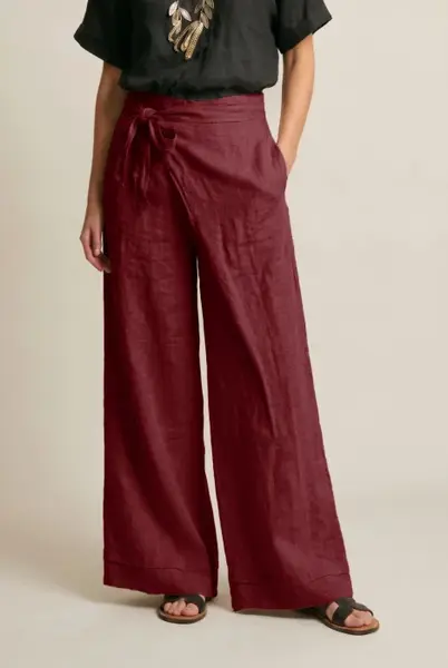 Pantaloni din in petrecuti, croi amplu, talie ajustabila, stil natural elegant, bordo