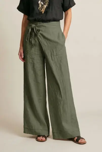 Pantaloni din in petrecuti, croi amplu, talie ajustabila, stil natural elegant, kaki