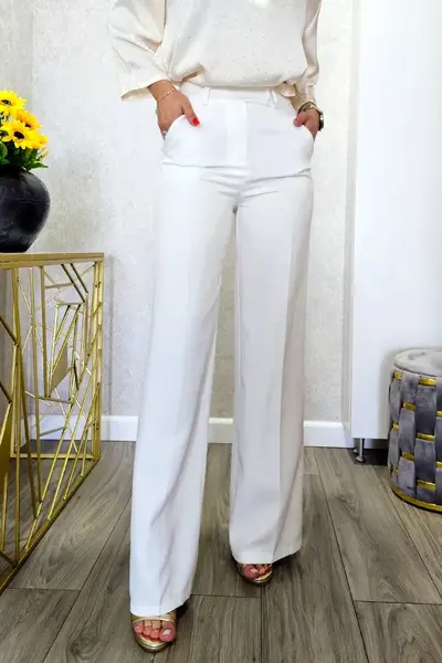 Pantaloni eleganti de dama HENZA Large, cu nasture asimetric si buzunare, ALB